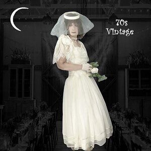 Wedding Dress Gown Tea Length Fit Flare Vintage Bride Bridal +Headpiece Ring Hat